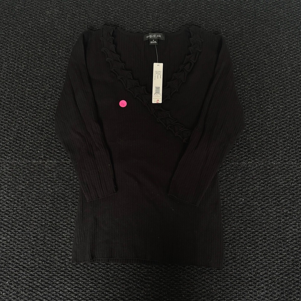 August‎ Silk NWT Black Ribbed V Neck Ruffle Trim Pullover Sweater Top Size M